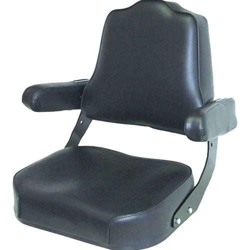 Black vinyl tractor seat assembly with tombstone-shaped backrest, steel frame, and folding armrests for IH tractors.