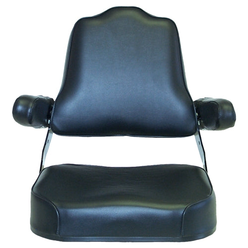 Black vinyl tractor seat assembly with tombstone backrest, steel frame, and folding armrests for International tractors.