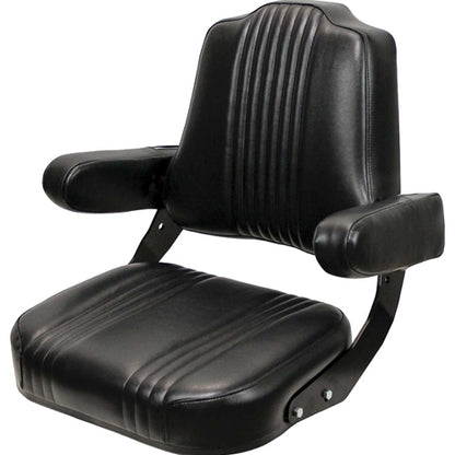 Black vinyl tractor seat assembly with tombstone backrest, folding armrests, and steel frame for International tractors.