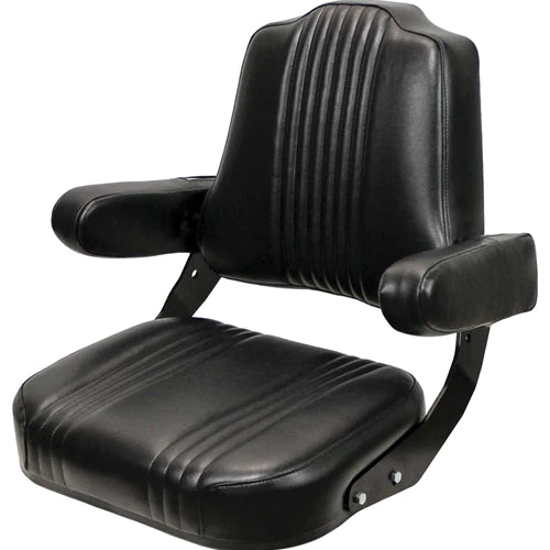 Black vinyl tractor seat assembly with tombstone-shaped backrest, folding armrests, and steel frame for IH tractors.