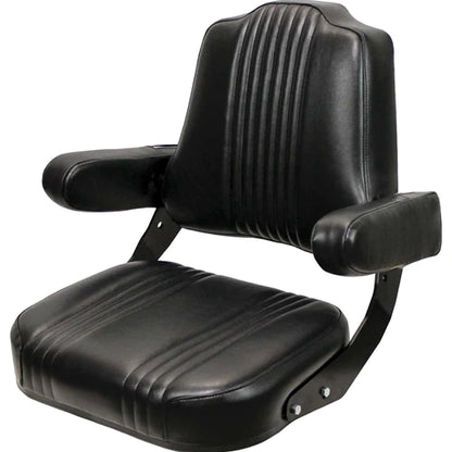 Black vinyl tractor seat assembly with tombstone-shaped backrest, folding armrests, and steel frame for IH tractors.