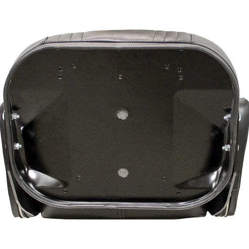 Black vinyl tractor seat assembly with a steel frame and tombstone-shaped backrest for International and David Brown tractors.