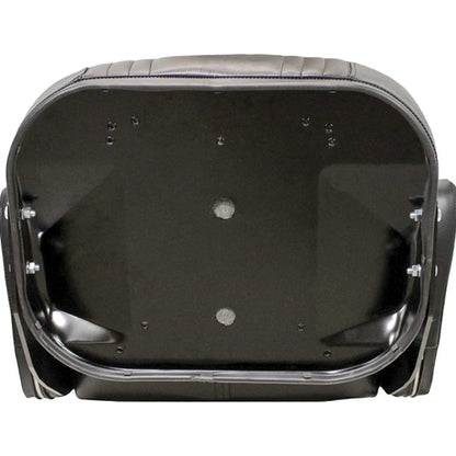 Black vinyl tractor seat assembly with a steel frame and tombstone-shaped backrest for International and David Brown tractors.