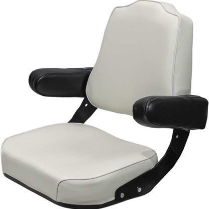 White vinyl tractor seat assembly with black armrests and tombstone-shaped backrest for International Harvester tractors.