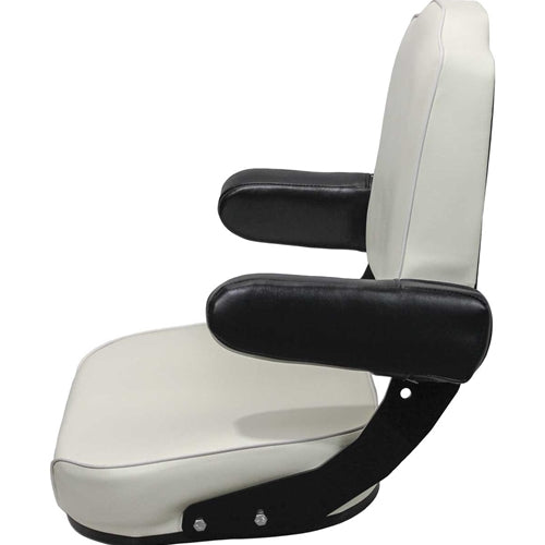 White vinyl tractor seat assembly with black armrests and tombstone-shaped back for International and David Brown tractors.