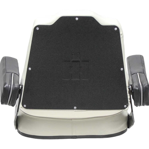 White vinyl tractor seat assembly with black armrests and IH logo stamped on the backrest pan.