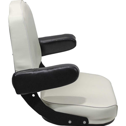White vinyl tractor seat assembly with black armrests and tombstone-shaped backrest for International Harvester tractors.