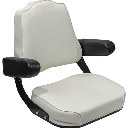 White vinyl tractor seat with tombstone-shaped backrest, black steel frame, and folding padded armrests.