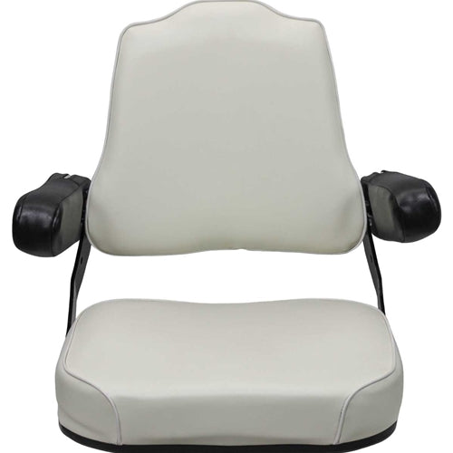 White vinyl tombstone tractor seat with black folding armrests and a durable steel frame for International Harvester tractors.