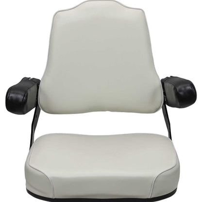 White vinyl tombstone tractor seat with black folding armrests and a durable steel frame for International Harvester tractors.