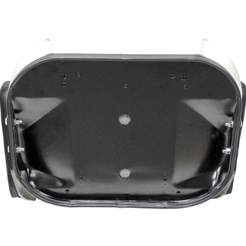 Black steel backrest pan for International Harvester tractor seat with stamped IH logo and mounting hardware.
