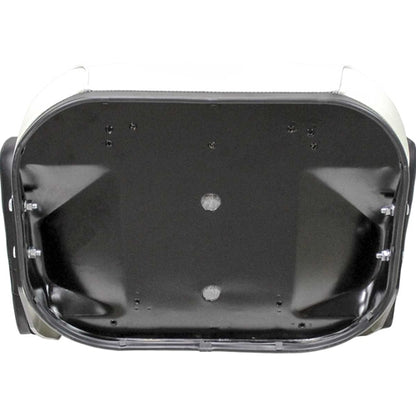 Black steel backrest pan for International Harvester tractor seat with stamped IH logo and mounting hardware.
