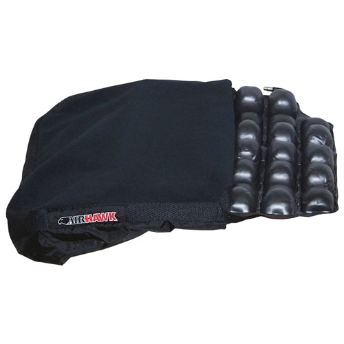 Air Hawk Plus square black seat cushion with interconnected air cells and a breathable stretchable cover.