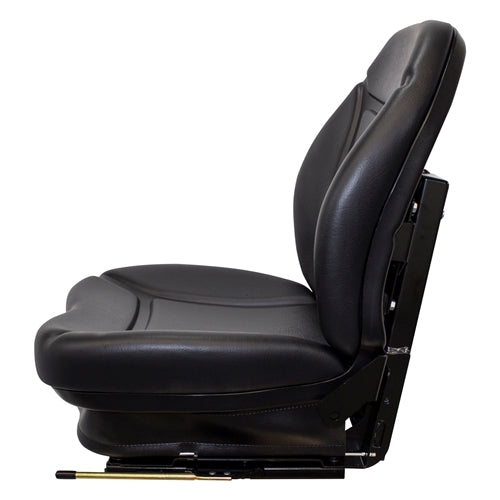 Black vinyl suspension seat for skid steers and tractors with contoured backrest and adjustable base rails.