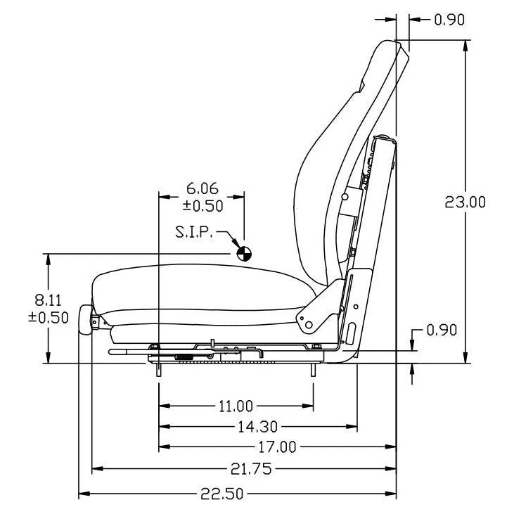 Technical side-view diagram of a heavy-duty suspension seat with precise measurements for skid steer and tractor installation.