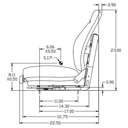 Technical side-view diagram of a heavy-duty suspension seat with precise measurements for skid steer and tractor installation.