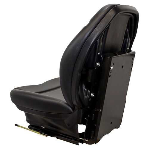 Black vinyl suspension seat for skid steers and heavy equipment with a durable metal mounting base.