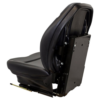 Black vinyl suspension seat for skid steers and heavy equipment with a durable metal mounting base.