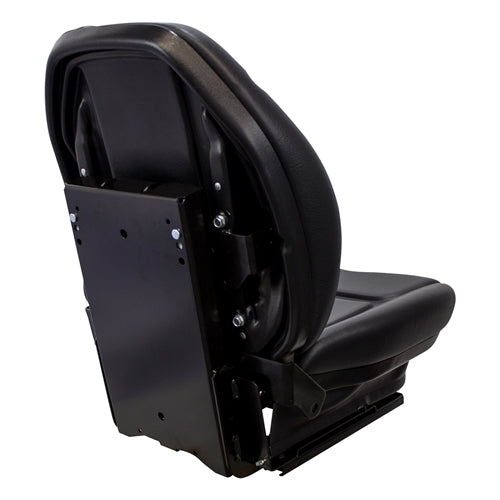 Black vinyl suspension seat for skid steers and tractors with a durable metal mounting base and ergonomic backrest.