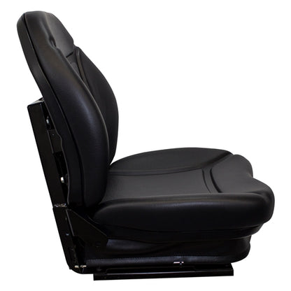 Black vinyl suspension seat for skid steers and heavy equipment with a contoured backrest and durable steel frame.