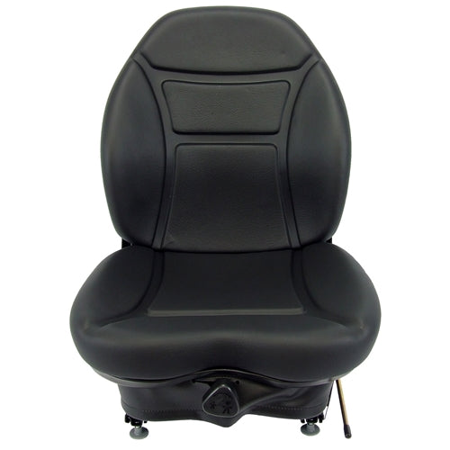 Black vinyl suspension seat for skid steers and tractors with contoured backrest and integrated adjustment lever.