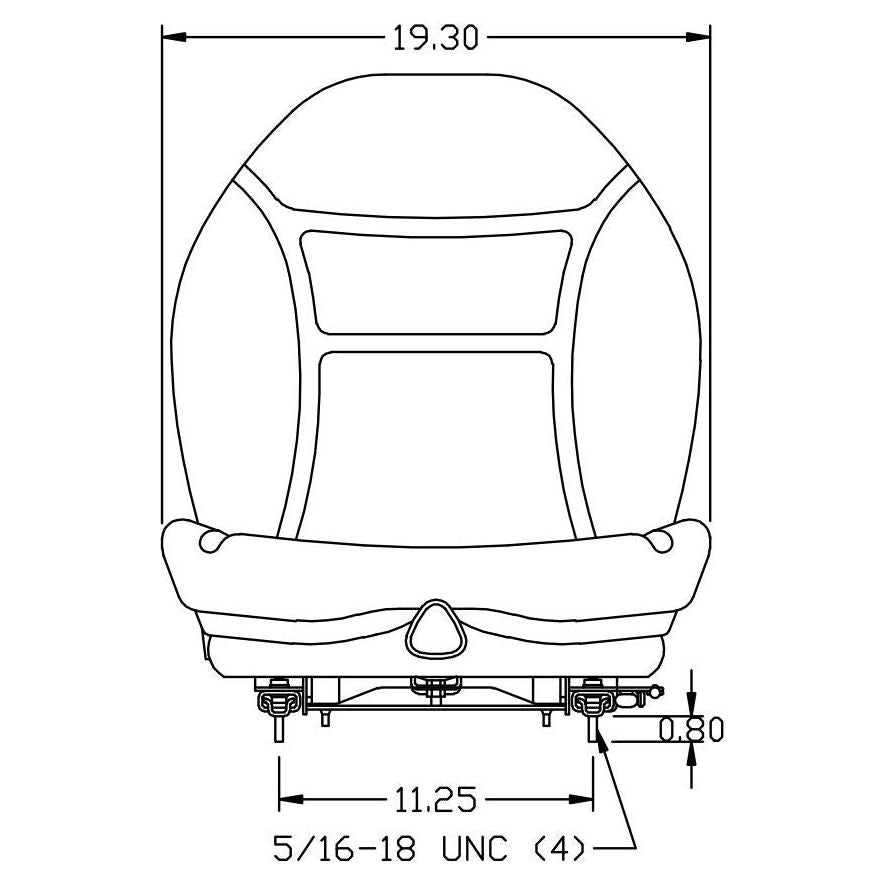 Technical line drawing of a 19.3-inch wide suspension seat for skid steers and heavy equipment with mounting dimensions.
