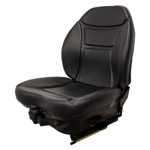 Black vinyl suspension seat for skid steers and heavy equipment with contoured backrest and adjustable base.