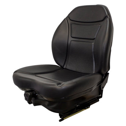 Black vinyl suspension seat for skid steers and heavy equipment with contoured backrest and adjustable base.
