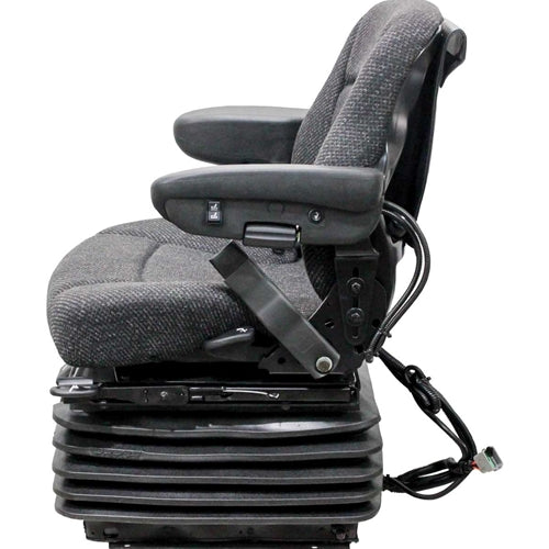 Heavy-duty gray fabric tractor seat with 12v air suspension, adjustable armrests, and black base for flat mounting.