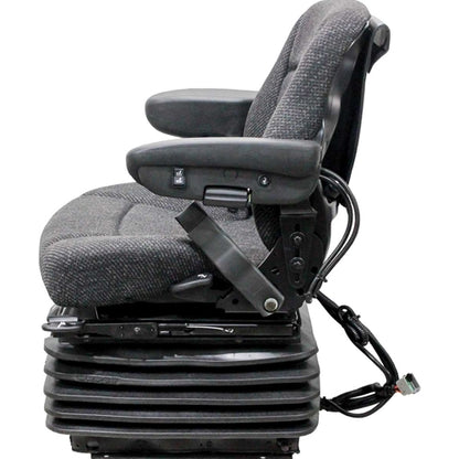 Heavy-duty gray fabric tractor seat with 12v air suspension, adjustable armrests, and black base for flat mounting.