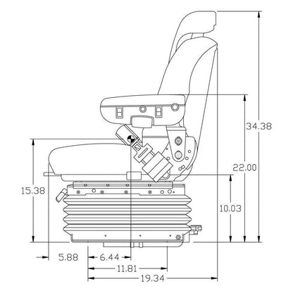 Technical line drawing of a heavy-duty tractor seat with air suspension, showing side view dimensions and components.