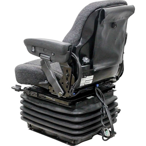 Heavy-duty 12v tractor seat with grey fabric upholstery, adjustable armrests, and a black air suspension base.