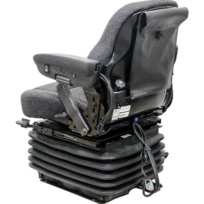 Heavy-duty 12v tractor seat with grey fabric upholstery, adjustable armrests, and a black air suspension base.