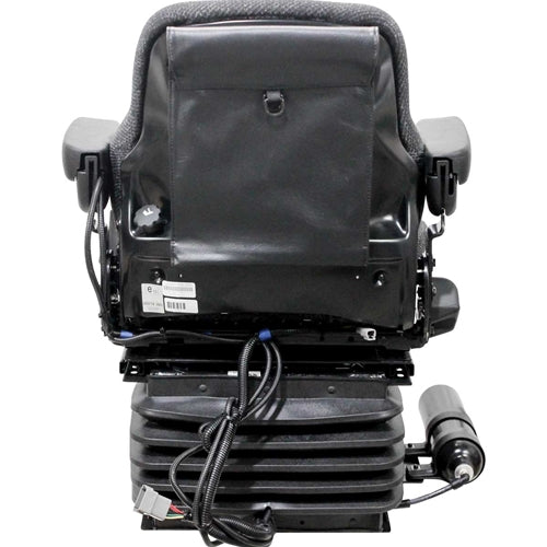Heavy-duty black tractor seat with air suspension, adjustable armrests, and integrated 12V electrical wiring components.