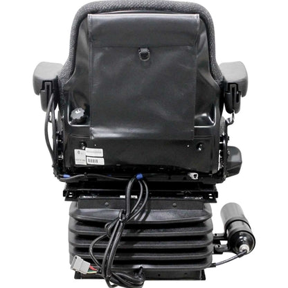 Heavy-duty black tractor seat with air suspension, adjustable armrests, and integrated 12V electrical wiring components.