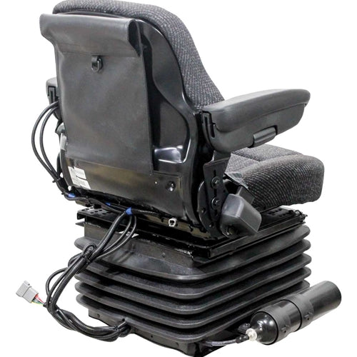 Heavy-duty grey fabric tractor seat with 12v air suspension, black accordion base, and integrated armrests.