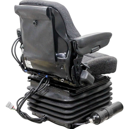Heavy-duty grey fabric tractor seat with 12v air suspension, black accordion base, and integrated armrests.
