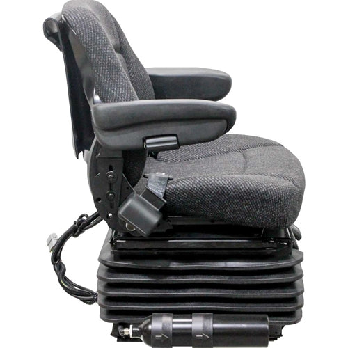 Grey fabric heavy-duty tractor seat with air suspension, adjustable armrests, and integrated seatbelt on a black base.