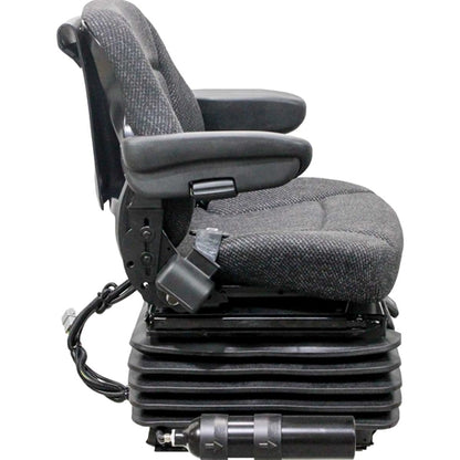 Grey fabric heavy-duty tractor seat with air suspension, adjustable armrests, and integrated seatbelt on a black base.