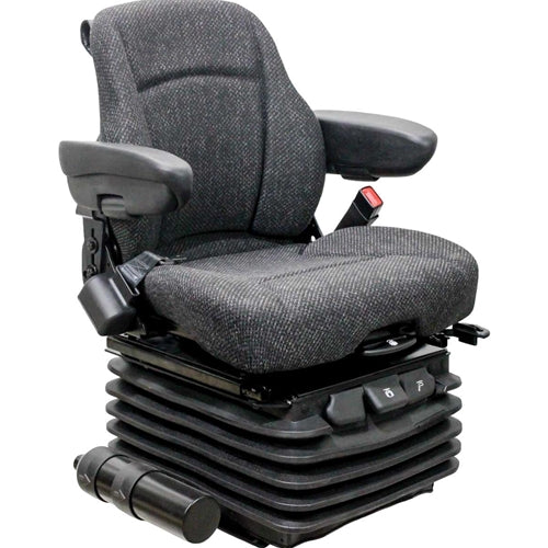 Heavy-duty 12V tractor seat with grey fabric upholstery, adjustable armrests, and a black air suspension base.