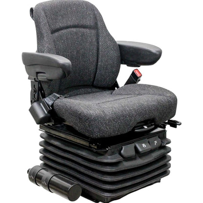Heavy-duty 12V tractor seat with grey fabric upholstery, adjustable armrests, and a black air suspension base.