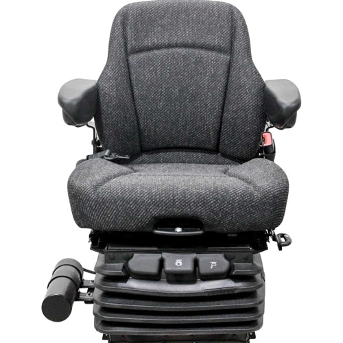 Heavy-duty black fabric tractor seat with 12v air suspension, adjustable armrests, and integrated seat belt for flat mounts.