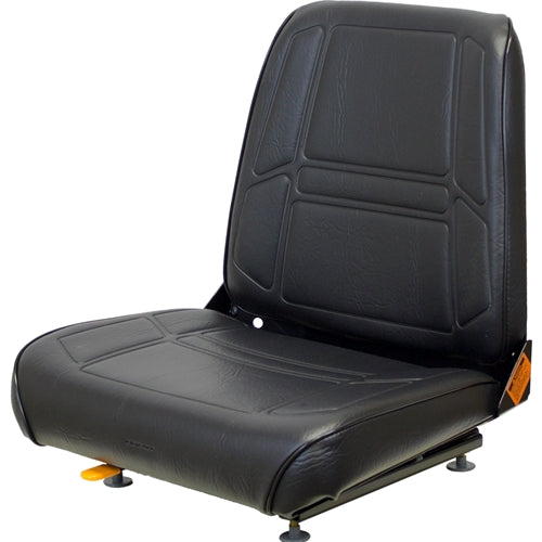 Black vinyl tractor seat with contoured foam cushions, steel frame, and adjustable slide rails for heavy equipment.