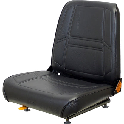 Black vinyl tractor seat with contoured foam cushions, steel frame, and adjustable slide rails for heavy equipment.