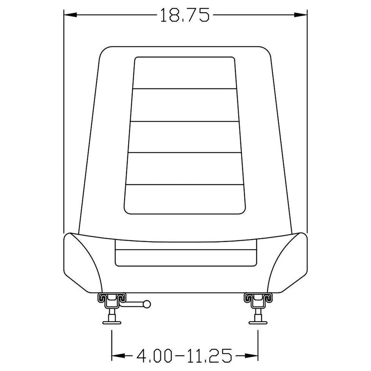 Technical line drawing of a tractor seat with 18.75-inch width and adjustable mounting patterns from 4 to 11.25 inches.