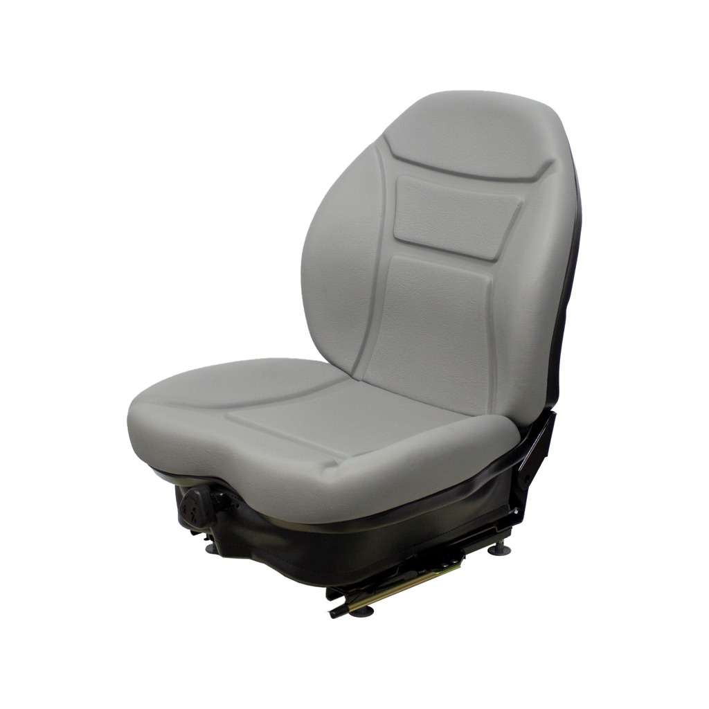 Grey vinyl suspension seat for skid steers and tractors with a contoured backrest and black metal base.