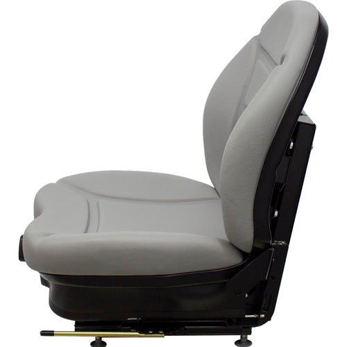 Gray vinyl suspension seat for heavy equipment with a black metal frame and contoured ergonomic design.
