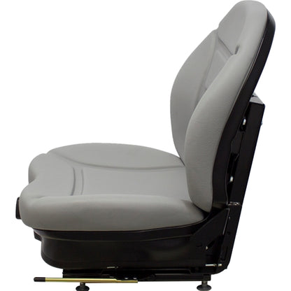 Gray vinyl suspension seat for heavy equipment with a black metal frame and contoured ergonomic design.