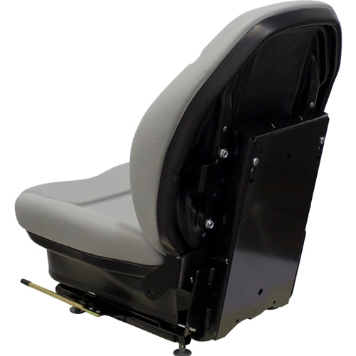 Grey vinyl suspension seat for skid steers and tractors with a black metal base and adjustable track rails.