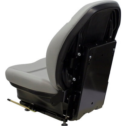 Grey vinyl suspension seat for skid steers and tractors with a black metal base and adjustable track rails.